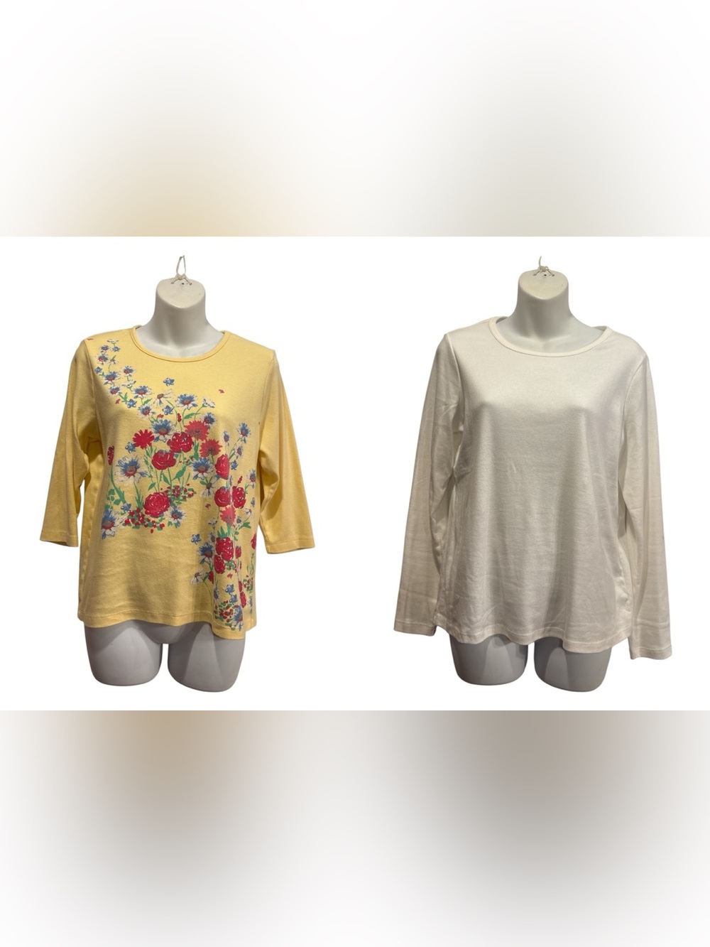 St. John's Bay white & Bonnie Evans Yellow Floral Crewneck Tee Duo Size MP